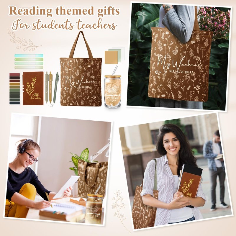 Havawish 14 Pcs Book Lovers Gifts for Women 16 oz Glass Cup Tote Bag A6 Journal Notebook Ballpoint Pens Highlighters Sticky Notes for Library Reader Bookworm Book Club(Brown,Aesthetic)