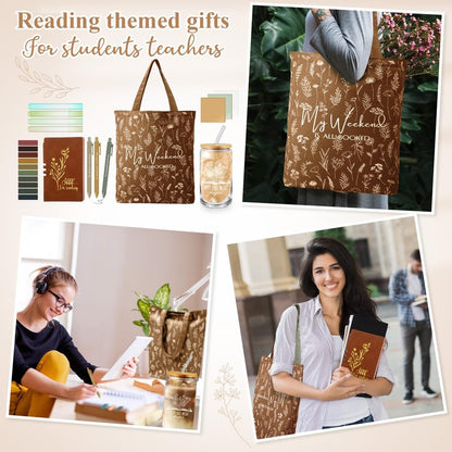 Havawish 14 Pcs Book Lovers Gifts for Women 16 oz Glass Cup Tote Bag A6 Journal Notebook Ballpoint Pens Highlighters Sticky Notes for Library Reader Bookworm Book Club(Brown,Aesthetic)