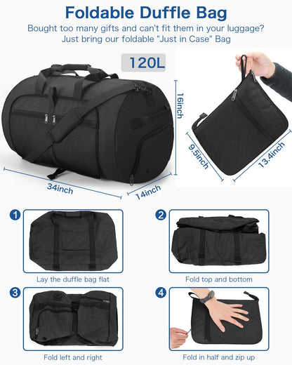 120L Foldable Waterproof Travel Duffel Bag for Men and Women with Shoe Compartment (Black, 120L)