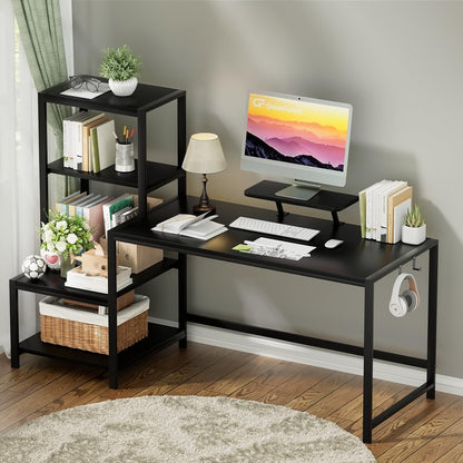 GreenForest Computer Desk 67 inch with Printer Shelf, Reversible Office Desk with Monitor Stand and 2 Hooks, Home Desk Workstation for Study Writing Working Gaming, Black