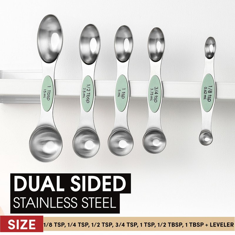 Spring Chef Magnetic Measuring Spoons Set, Dual Sided, Stainless Steel, Fits in Spice Jars, Pistachio, Set of 8, 2 Pack