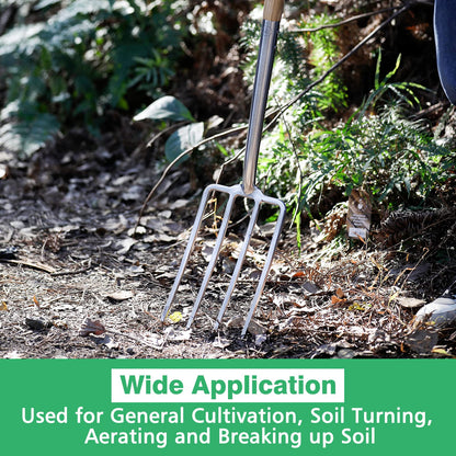 Berry&Bird Gardening Digging Fork, 4-Tine Stainless Steel Pitchfork, 43.9" Heavy Duty Spading Fork with D-Grip Handle and Ergonomic Ash Wood Handle for Digging, Planting, Cultivating, Aerating