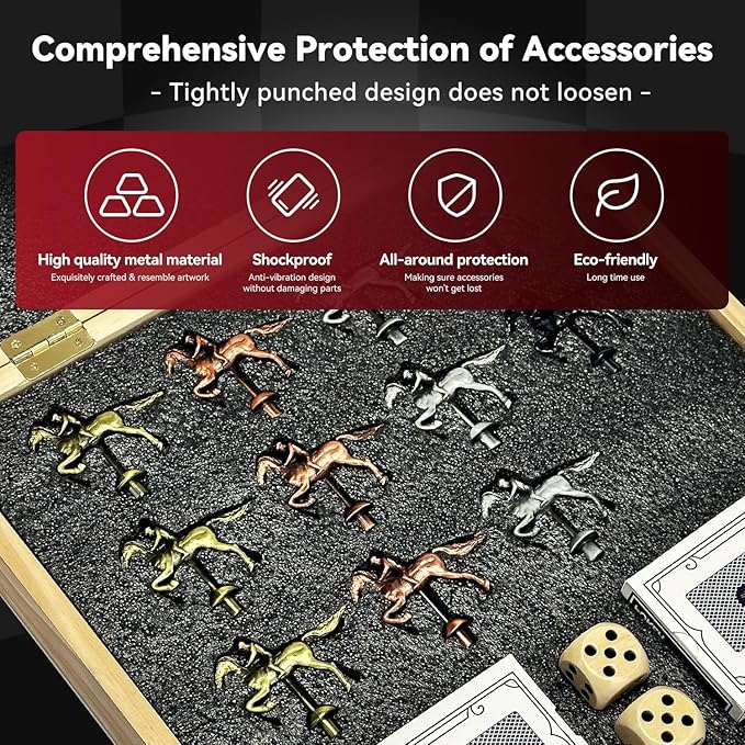 Large 23 inches Horse Racing Board Game with 11 Luxury Metal Horses Foldable Wood Horse Race Board Game with 2 Sets of Dice 2 Boxes of Cards for Parties and Gambling