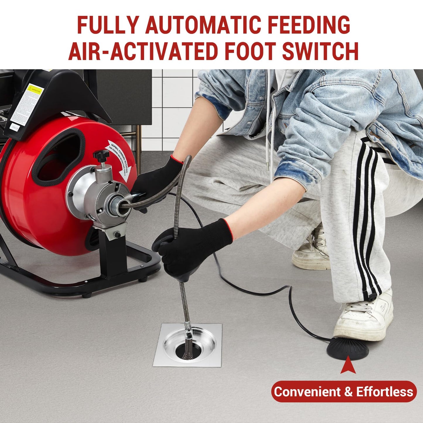 GarveeTech Auto Feed 100 ft x 3/8 in Drain Cleaner Machine with 250W Motor, Portable Sewer Snake Auger with 8 Cutters & Air-Activated Foot Switch, Fits 1 in to 4 in Pipes, Black & Red