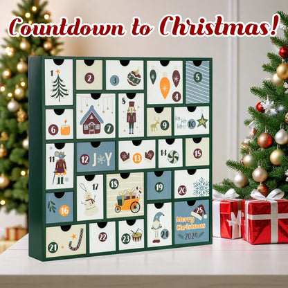 GUOER 2025 Wooden Advent Calendar, 13 Inch Christmas Advent Calendar with 25 Large Drawers, Christmas Countdown Calendar, Premium Wood Hand Painted Refillable Advent Cute Holiday Decoration (Green)