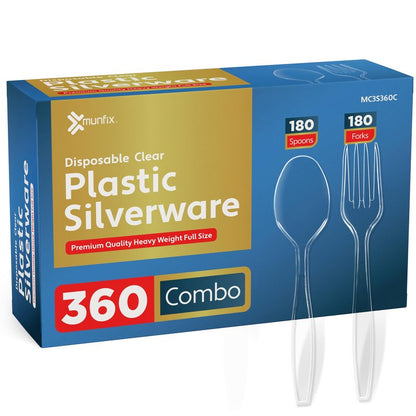360 Count Plastic Silverware Set, 180 Forks, 180 Spoons, Heavy Duty BPA Free Disposable Cutlery Set, Premium Clear Plasticware for Party Supplies