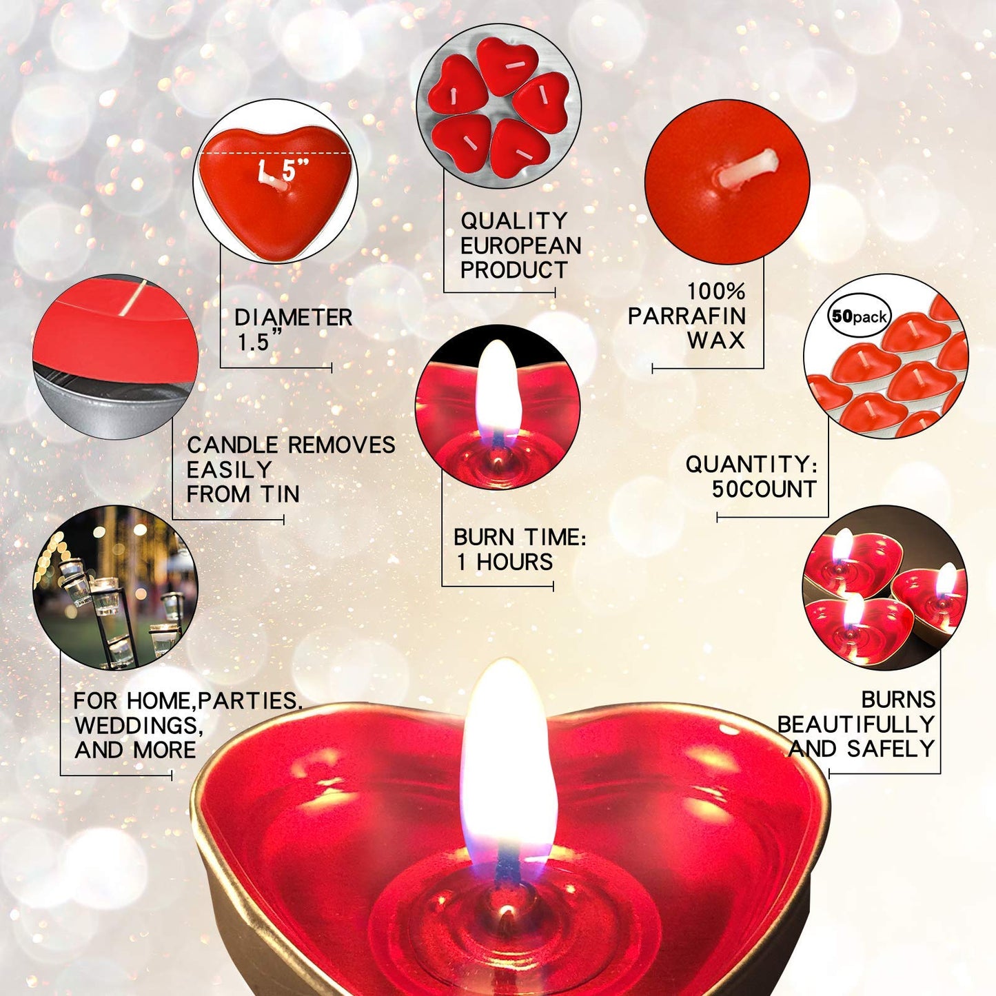 50Pack Heart Shaped Tealight Candles(25x2 Layers),Romantic Love Unscented Tea Lights Candles,Dripless & Long Lasting Smokeless Mini Tealight Candles for Romantic Decor,Pool,Home,Wedding (Red)