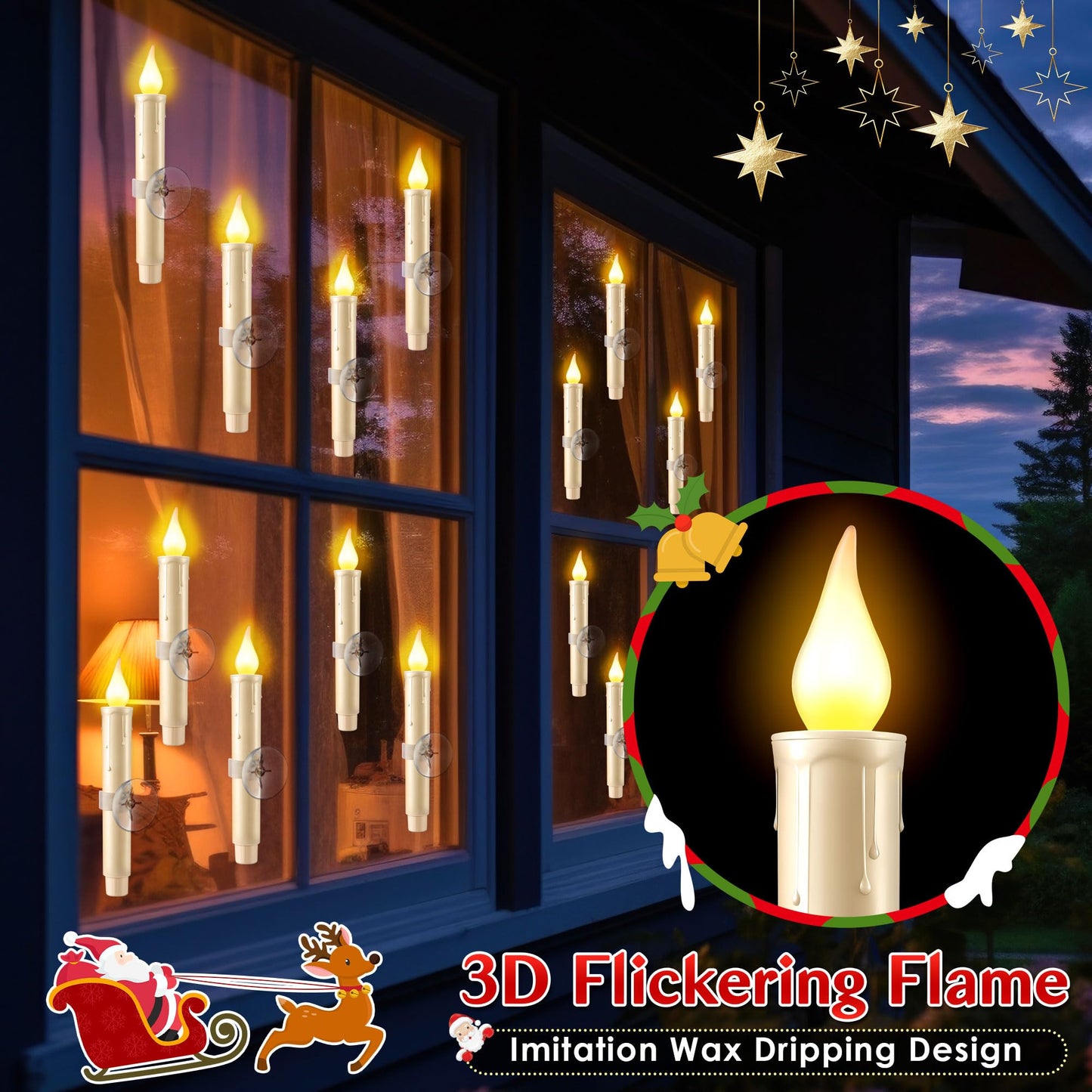 Enhon 6 Pcs Battery Operated Window Candles, Ivory LED Christmas Window Candles with Sensor Dusk to Dawn, Cordless Flameless Taper Candlestick with Battery & Suction Cup for Xmas Wedding Decorations
