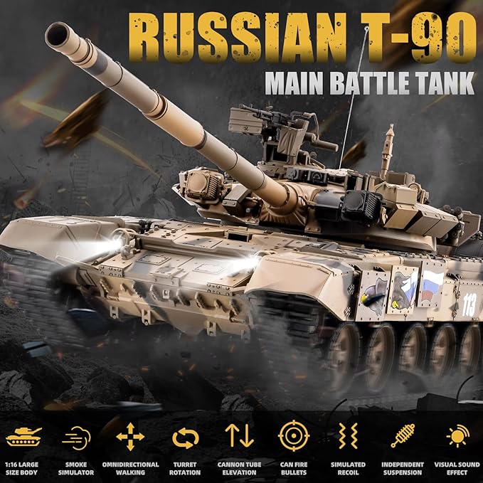 RC Tank Russian T-90 Main Battle Tank 1/16 2.4ghz Remote Control Vehicle with Sound &amp Light for Ages 14+