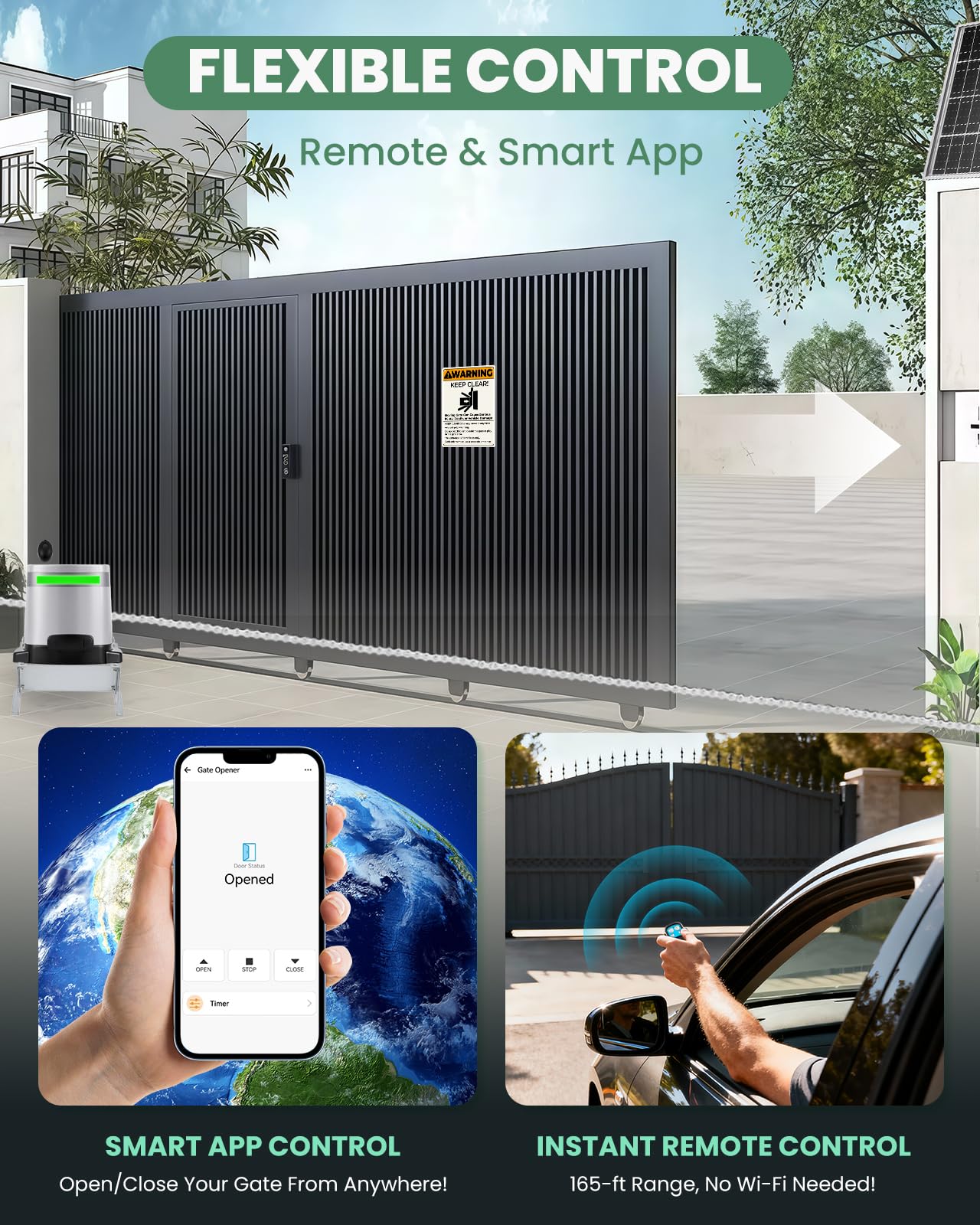 Spolehli 1300lb Sliding Gate Opener with Chain Drive & Solar Power, Automatic Slide Gate Motor Kit for 40ft Gates, WiFi App & Remote Control, Built-in Backup Battery & Anti-Collision Sensor