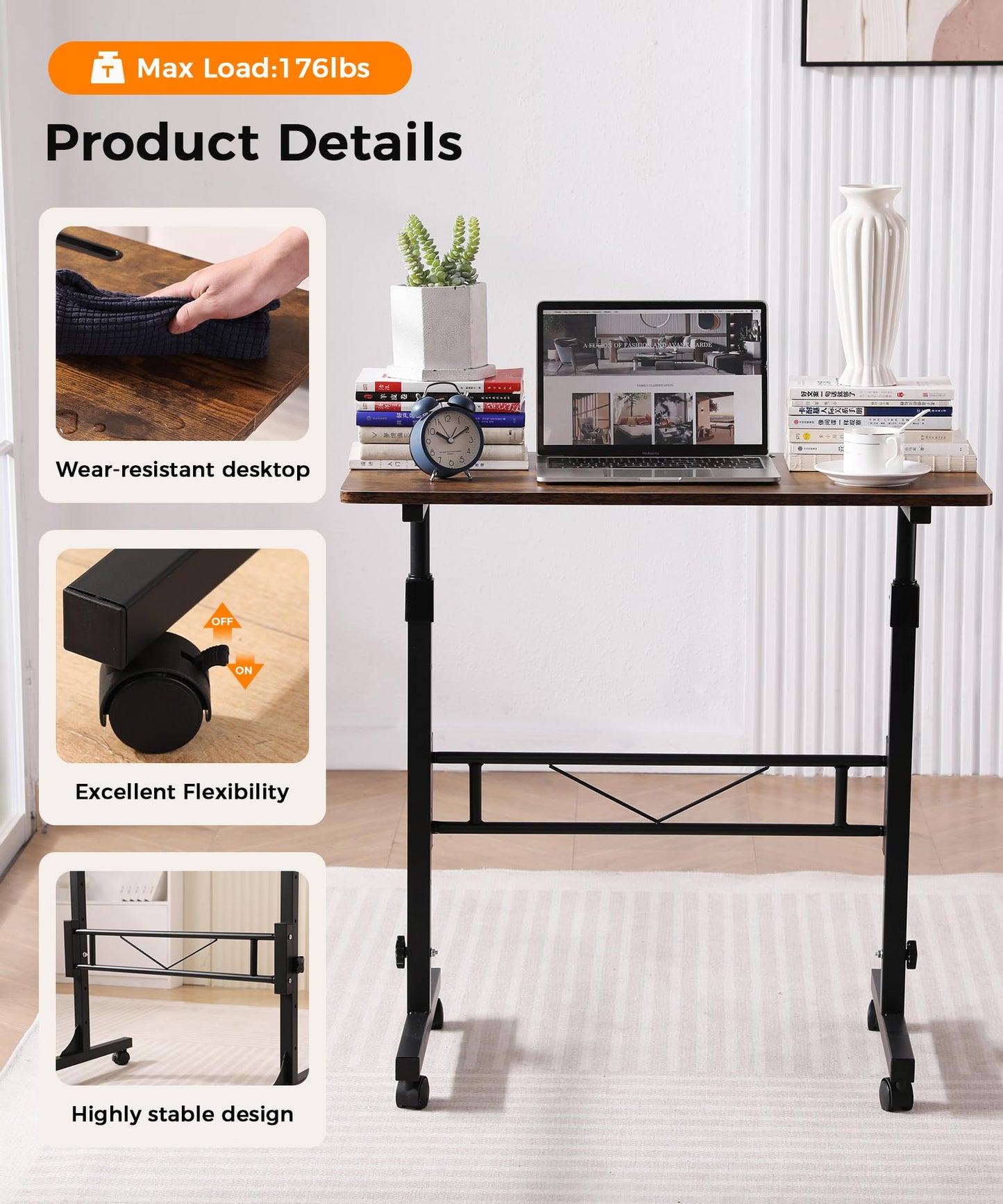 KLSMYHOKI Portable Standing Desk Adjustable Height, Small Computer, Laptop, Mobile Stand Up Rolling Desk with Wheels, Table for Home Office, 16"x31.5" Height 27"-43.5", White