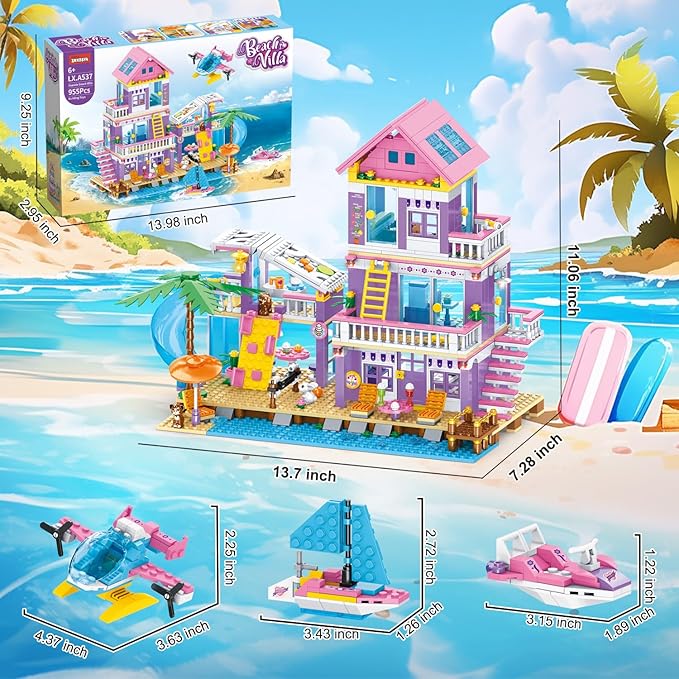 955 Pcs Friends Seaside Villa Building Set Beach House Building Block Toys STEM Creative Vacation Hut Brick Kit with HelicopterSailboatYachtBirthday Gifts for Kids Girls Boys Age 6-12+