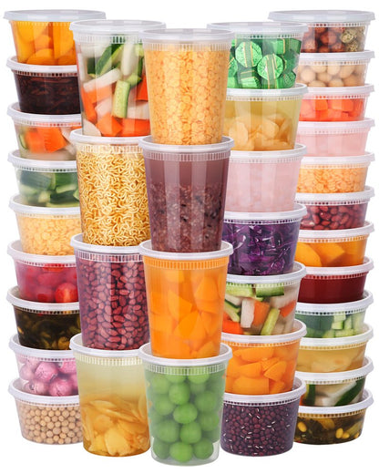 NESCCI 96 Pack (192-Piece) Deli Containers with Lids, 32/16/12/8 oz X 24 Set Each, Leak-Proof & BPA Free Airtight Takeout Plastic Food Storage Containers for Soup, Meal Prep, Microwave/Freezer Safe