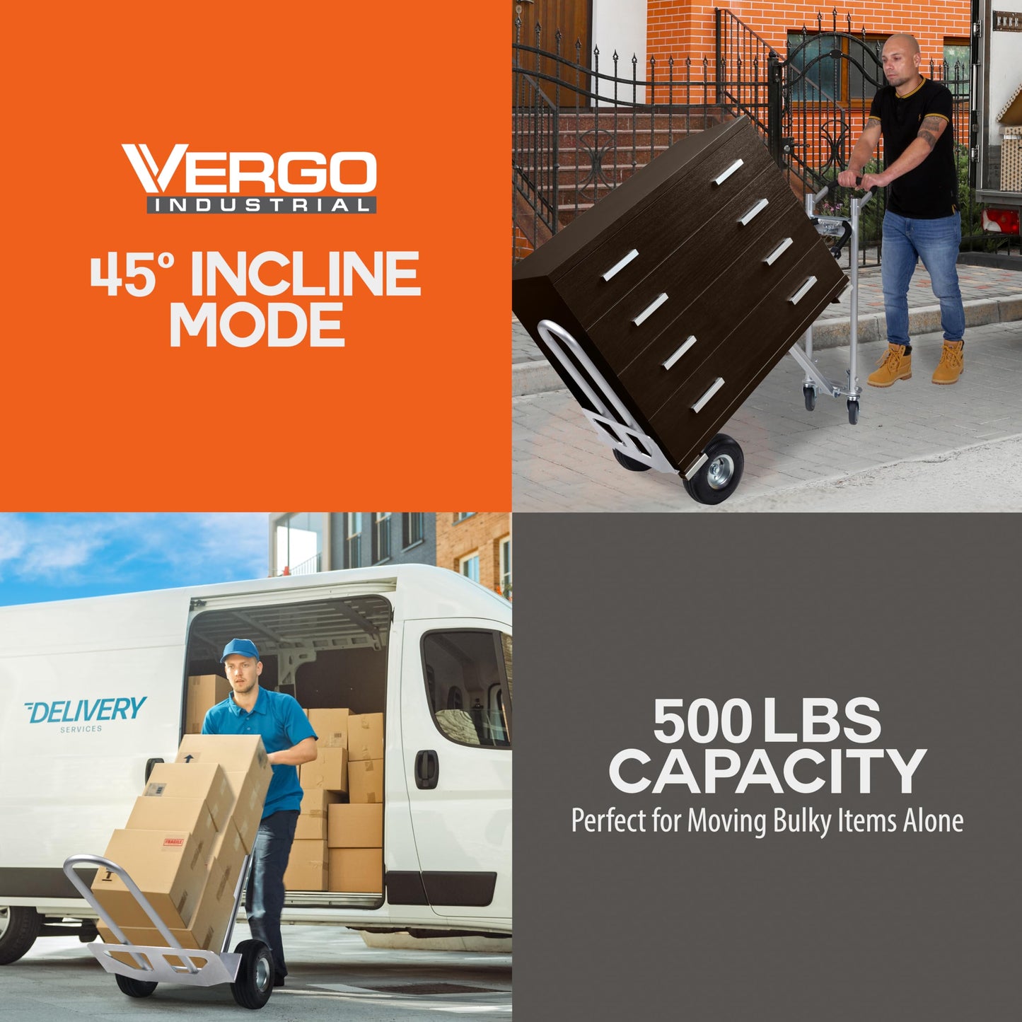 Vergo Industrial Convertible Hand Truck - AS7A2 Heavy Duty Aluminum 3 in 1 Dolly (750 lb Capacity) Lightweight Frame, Ergonomic Handle, Extendable Loop, Versatile Moving Dolly (3 Positions 53" High)