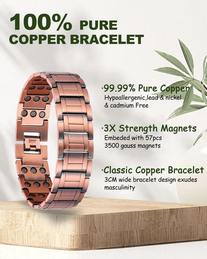 MagEnergy Copper Bracelet for Men, 3X Strength Magnetic Bracelet, 99.99% Pure Copper Jewelry Gift with Sizing Tool