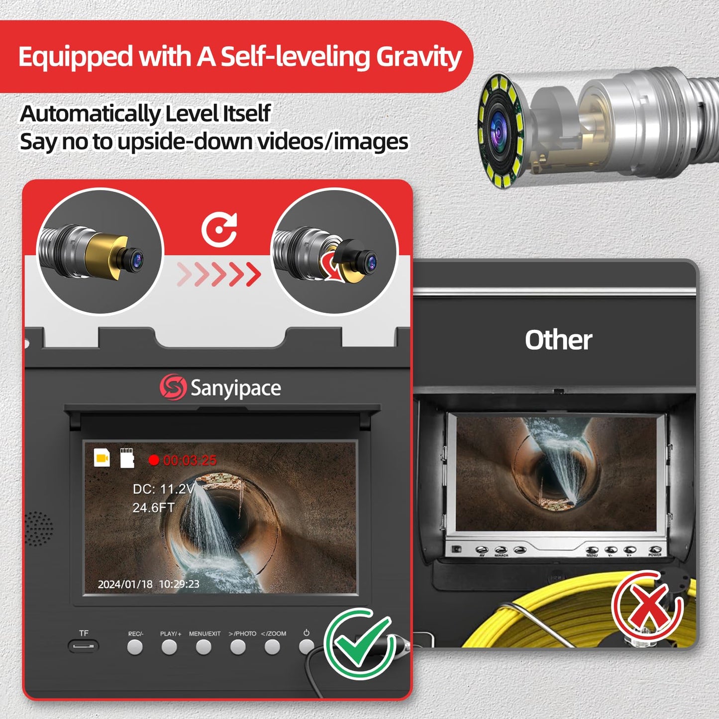 Sanyipace Sewer Camera 100FT/30M with DVR Recorder, Drain Camera with Lights, Pipe Sewer Scope Inspection Camera with IP68 Waterproof Camera Probe, 9" Color Screen, 16GB TF Card, Camera Guide Wheel