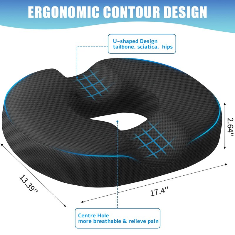 BlissTrends Donut Pillow Seat Cushion,Donut Chair Cushions for Postpartum Pregnancy & Hemorrhoids,Tailbone Pain Relief Cushion,Memory Foam Lifting Cushions for Office&Home Chairs (Black)
