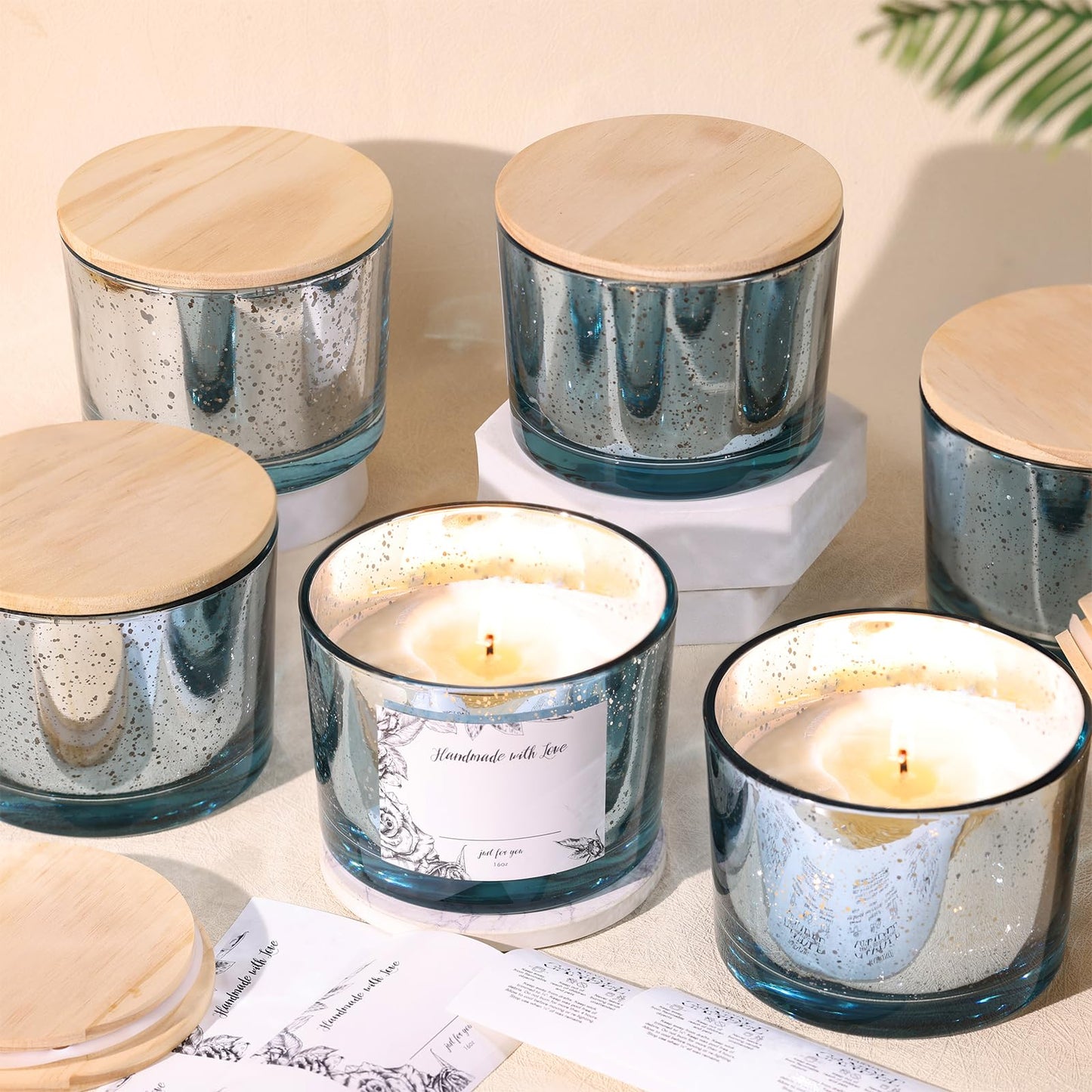 simeitol 6pcs 16oz Blue Candle Jars for Making Candles, Speckled Glass Candle Vessels with Lids, Bulk Empty Candle Containers, Blue Wedding Centerpieces, Baby Shower Party Table Decorations