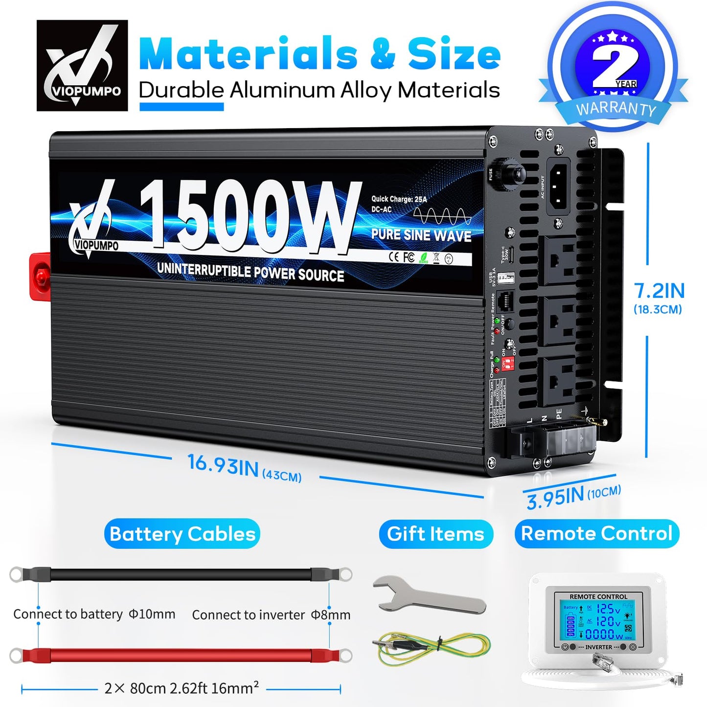 2000 Watt sump pump backup battery system, automatic switchover to battery inverter power, professional backup system in case of power failure, pure sine wave output Remote controller with LCD screen