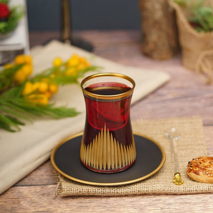 DECOSTYLE Turkish Tea Set, Glass and Plate (Set of 6), 12 pcs, Matte Gold, Vintage Handmade Tea Time, Turkish Glass Masters, Capacity: 5 1/4 US oz 160 cc (Black)