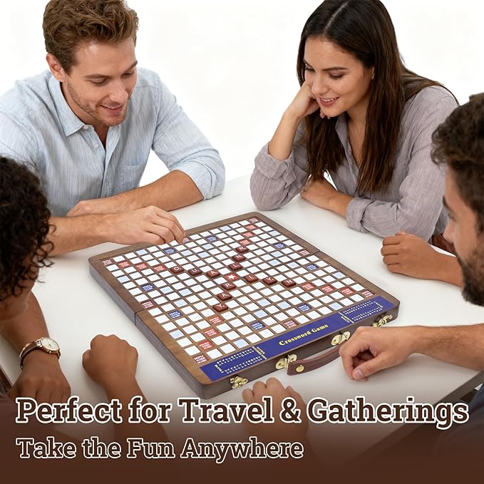Wooden Folding Crossword Board Game – Word Game Set with 100 Letter Tiles Sand Timer Pencil Racks &amp Bag – Portable Wooden Game for Adults &amp Family