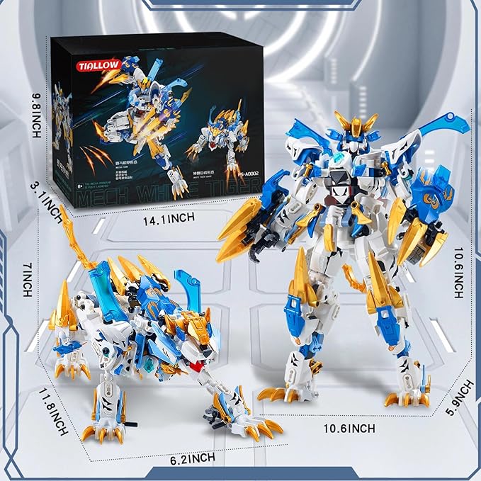 White Tiger 2 in 1 Mech Building SetsTransform Robot Building Blocks Kits for Adults Transforming Mecha Building Kits Action Figure ToysBirthday Gifts for Boys Ages 8 10 12 14 (White Tiger)