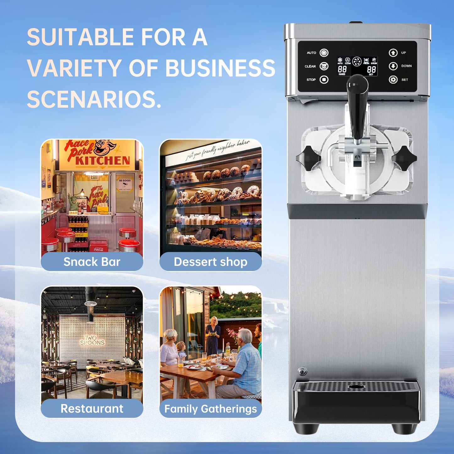Commercial Ice Cream Maker Machine 1200W Single Flavor Soft Serve Ice Cream Machine 3.2 to 4.2 Gal/H 110V Ice Cream Machine with Pre-Cooling, Auto Clean, 6L Hopper for Restaurant Snack Bar