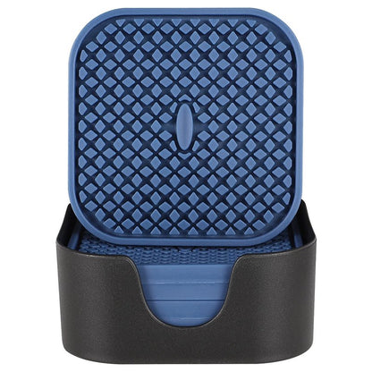 ME.FAN Silicone Coasters with Holder [6 Pack] Square Drink Cup Mat - Non-Slip, Non-stick, Stay Put, Deep Tray - Prevents Furniture and Tabletop Damages Nave Blue