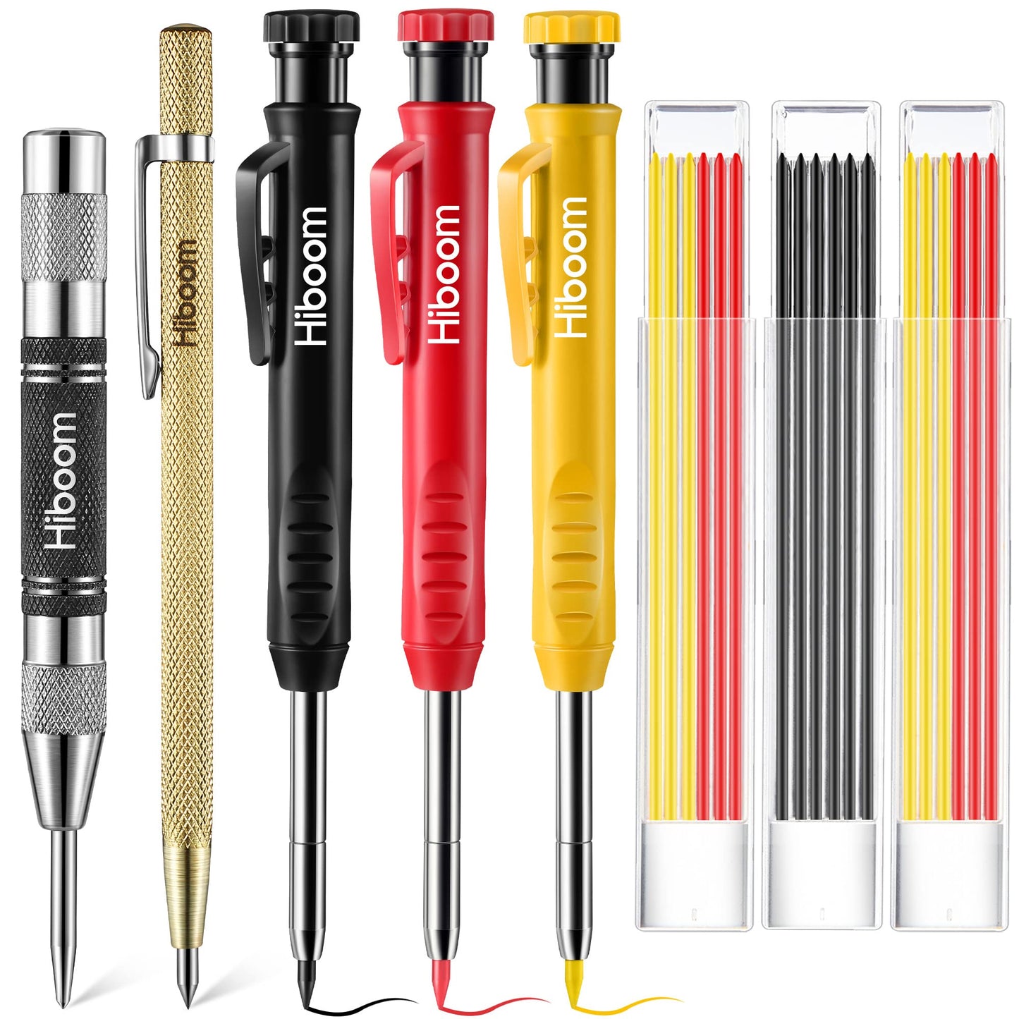 Hiboom Mechanical Carpenter Pencils with Solid Deep Hole Woodworking Pencils with Built in Sharpener & Refills, Automatic Center Punch, Carbide Scribers Tool Set for Architect Construction