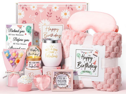 Birthday Gifts for Women Friendship, Unique Happy Birthday Gifts Basket for Mom Her Best Friend Sister Wife Girlfriend Coworker, Luxury Self Care Box Rose Relaxing Spa Gifts Set for Women with Blanket