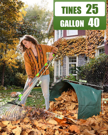 Joyhalo 63.4 Inch Rake for Leaves with 40 Gallon Dustpan-Typ Leaf Bags, Adjustable 18 Tines Metal Leaf Rake Set for Gardening Lawns Yard Outdoor Camping Shrub Grass Bush Grass Clippings