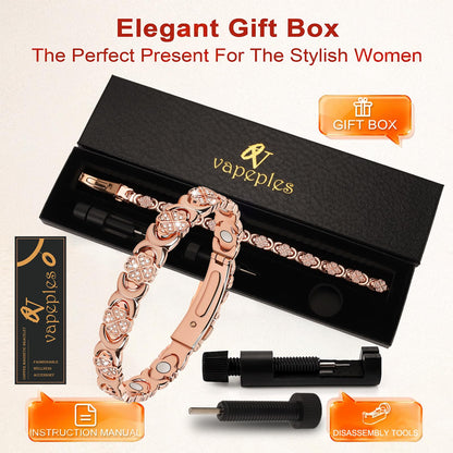 vapeples Copper Bracelets for Women, 3800 Gauss, 99% Pure Copper Magnetic Bracelet, Adjustable Sizing, Four-Leaf Clover Women's Bracelets with Sparkling Cubic Zirconia, Gift Packaging