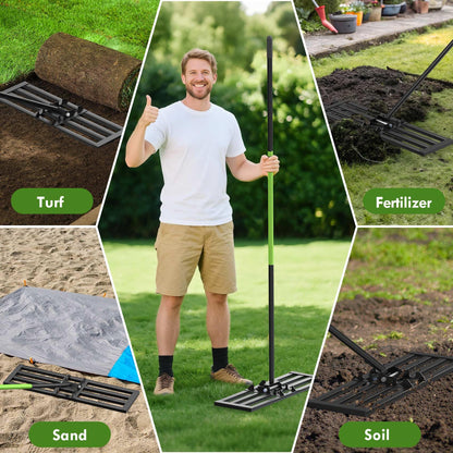 Seeutek Lawn Leveling Rake, 35” x 10” Lawn Leveler with 6.5FT Stainless Steel Handle Rakes for Lawns, 0-180° Adjustable Ground Leveler Tool for Yard, Level Soil Sand Dirt Surfaces