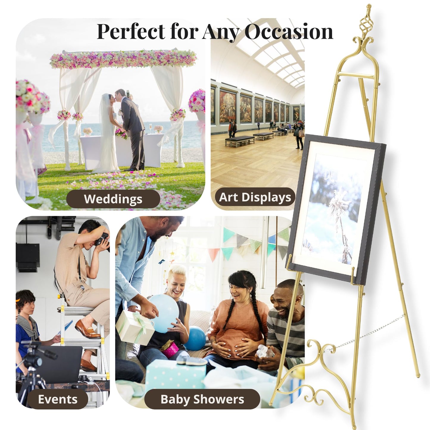 CaliDecor 58.5” H Gold Easel Stand for Sign, Large Adjustable Metal Display Standing for Displaying Pictures Wedding Poster Holder Showcasing with Chain Support