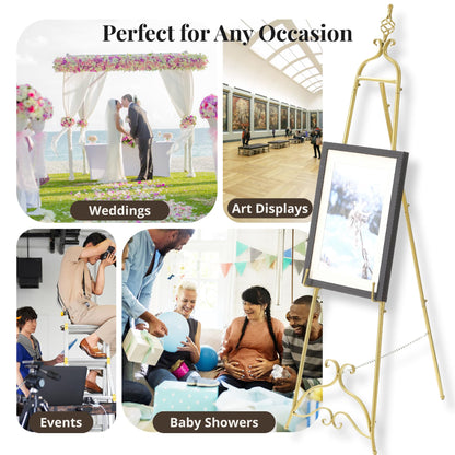 CaliDecor 58.5” H Gold Easel Stand for Sign, Large Adjustable Metal Display Standing for Displaying Pictures Wedding Poster Holder Showcasing with Chain Support