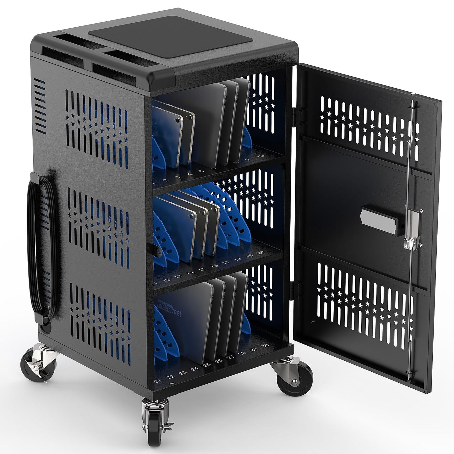 Metateel Fully Assembled 30 Device Charging Cart for iPad, Chromebook and Laptop Computer with Keypad Lock,Up to 14-in Screen Size,Surge Protection,Front & Back Access Locking Cabinet