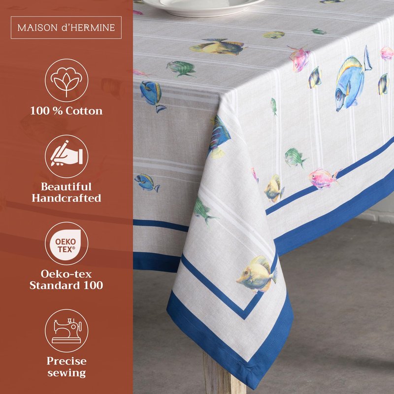 Maison d' Hermine Table Cloth Square Table 100% Cotton 60 x 60 Inches Tablecloth Reusable Decorative for Dining Kitchen Room Farmhouse Home Gifts for Mothers Day Spring Summer - Poisson