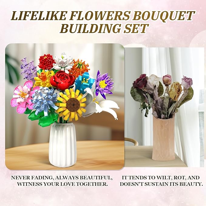 Flowers Bouquet Building Set - 12 Kinds of Flowers Botanical Collection and Decorative Home for Mother's Day Birthdays Gifts Ideal for 6+ Women Girls Adults No Vase