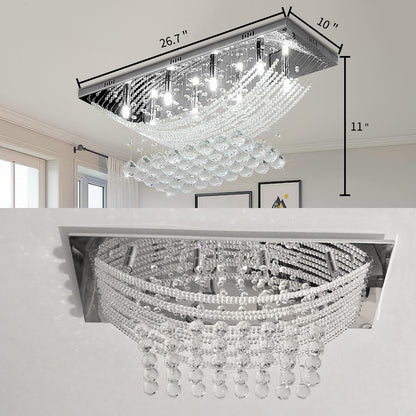 Silver Rectangle Crystal Raindrop Chandelier for Living Room, 8 Lights Modern Flush Mount Crystal Ceiling Light Fixture Pendant Lamp for Kitchen Island, Dining Room, Closet, Wedding Decor of CRYSTOP