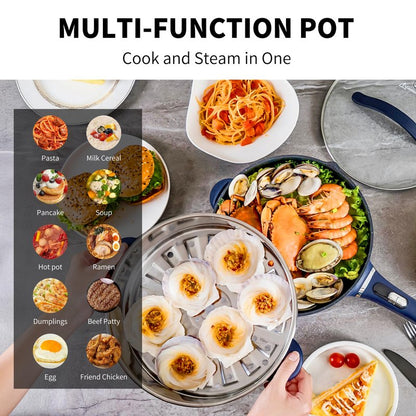 AUTUCU 3-Quart Electric Hot Pot & wok Nonstick with Steamer | Electric Skillet 1200W for Dorm, Home, Gifts (Includes Silicone Spatula) Multi-Cooker