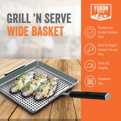 Yukon Glory™ BBQ 'N SERVE Wide BBQ Grill Basket The Grilling Basket Includes a Clip-On Handle - Perfect Grill Baskets for Outdoor Grill Vegetables or Fish Basket & Meat