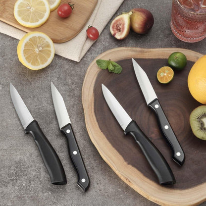 BEWOS 4-Piece Paring Knife Set - Paring Knives with Ergonomic Handle, 3.5 Inch Triple Rivet Paring Knives, Stainless Steel/Black Parers for Vegetable, Fruit & Kitchen Use