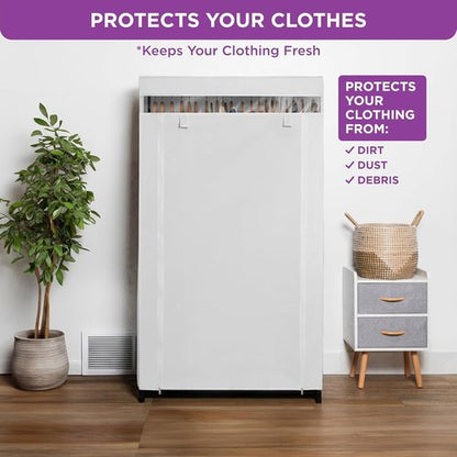 HOLDN’ STORAGE Portable Wardrobe Closet - Durable Clothes Organizer with Heavy Duty Metal Rod | Easy Assembly, White Canvas Cover
