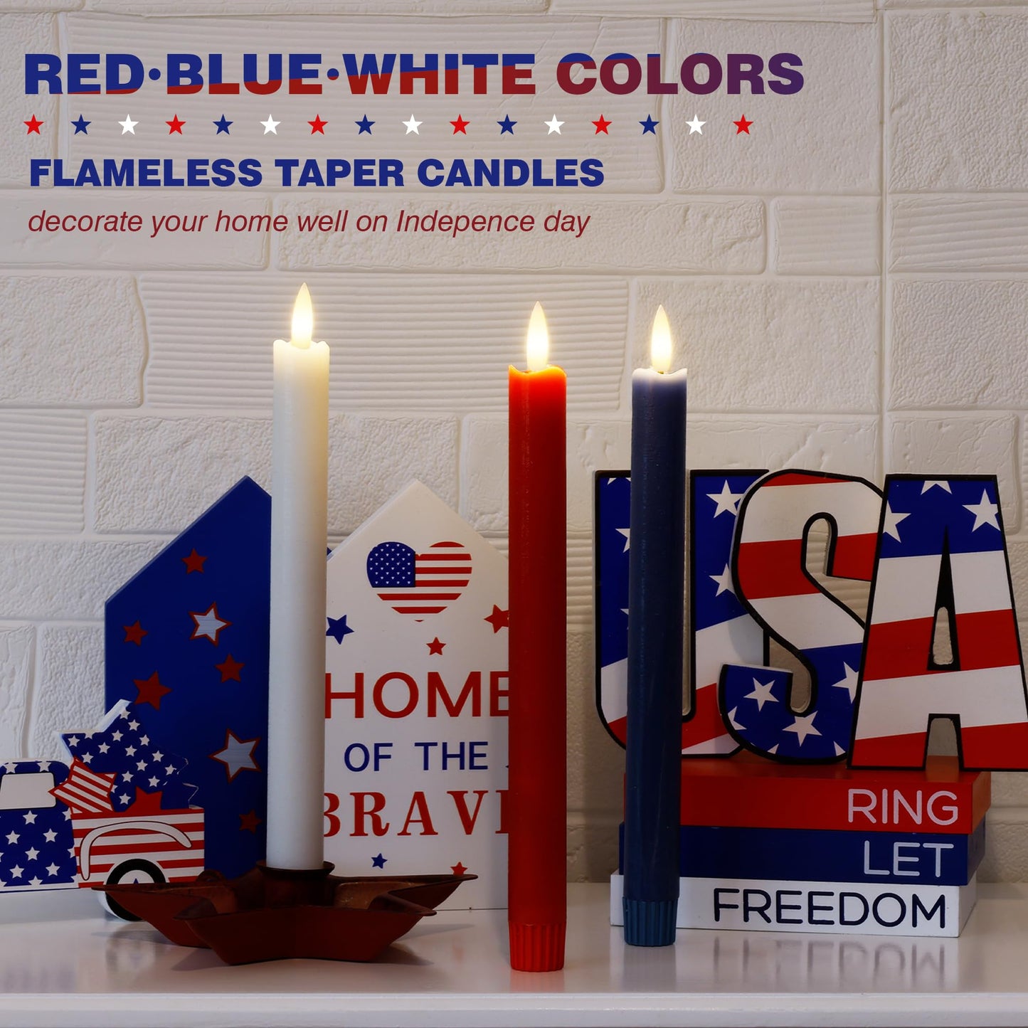 AFINETH Red White and Blue Flameless Taper Candles with Remote, 9.6" Real Wax Patriotic Flameless Candles, Battery Operated 4th of July Candlesticks, Flickering Independence Day Candle Decor, 3 Pack