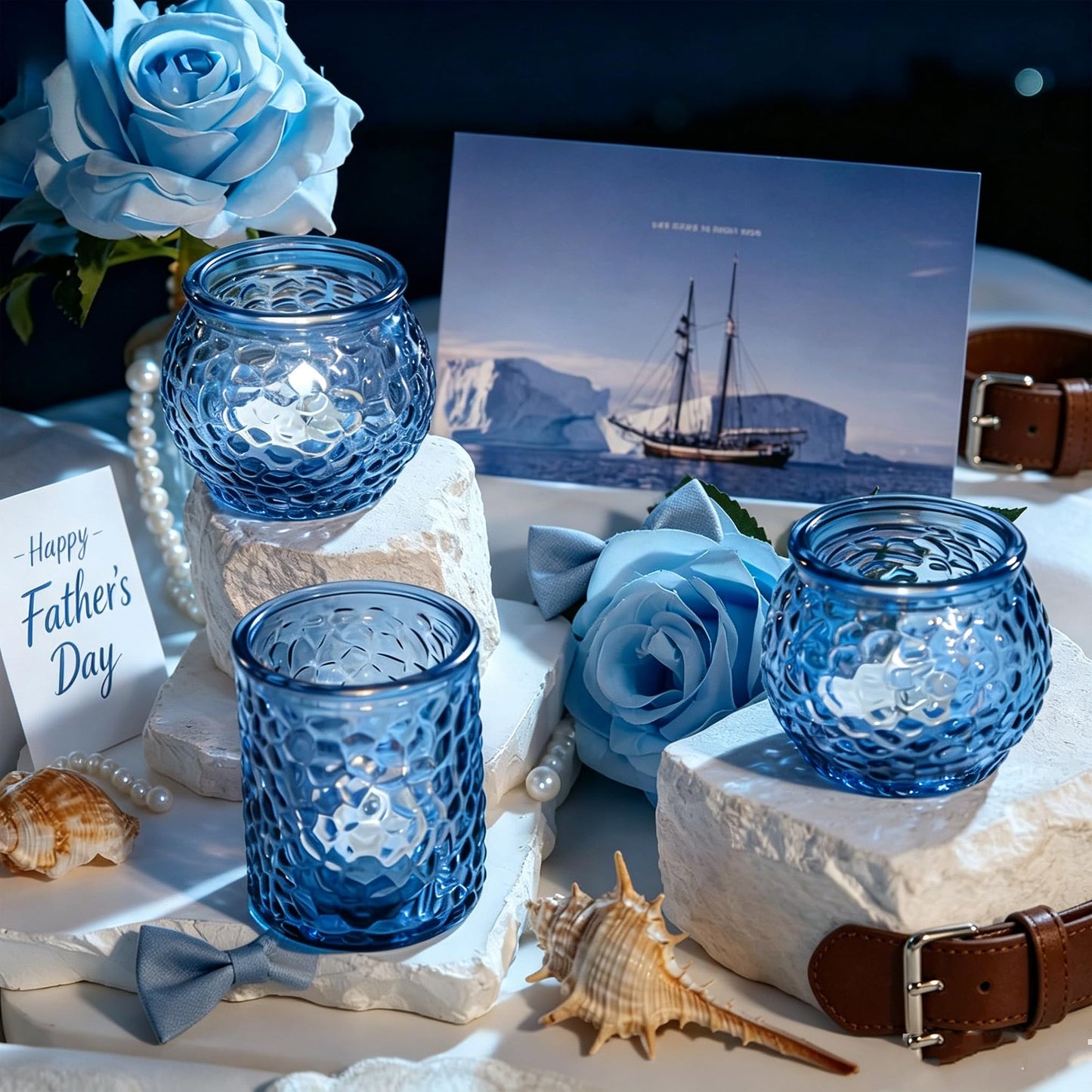 WELLIFE 24-Piece Blue Glass Votive Candle Holders Set – Tealight Candle Holder Glass Bulk with 12 Round & 12 Hammered Textured Cups, Blue Votive Candle Holders for Weddings, Parties, Home