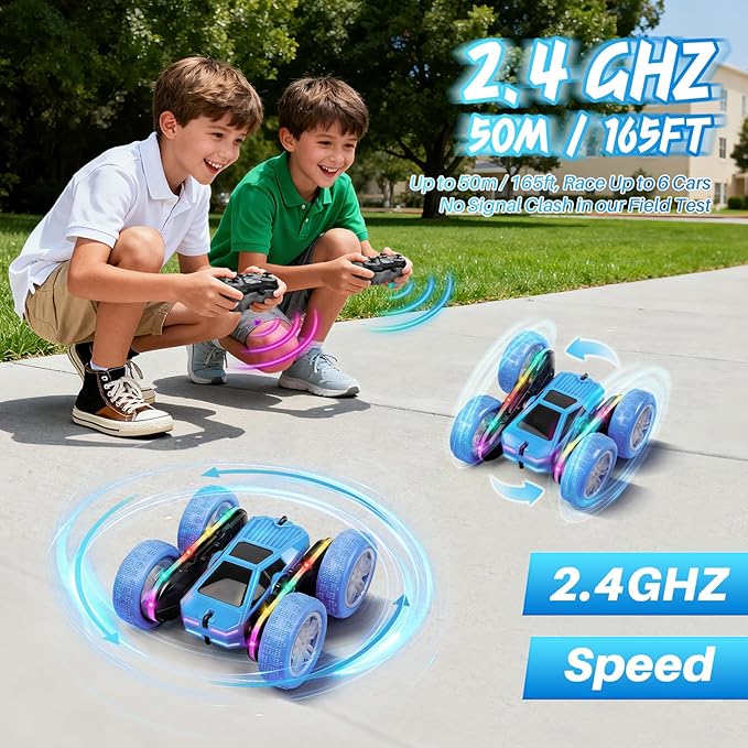 Remote Control Car Rc Cars Stunt RC Crawler Toys 4WD 360° Rotating with LED Light-Up Wheels &amp Remote Control for 6-12 for Boys Birthday Gift (Blue)