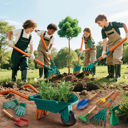HOSPONY Kids Gardening Set-Kids Gardening Tools Wheelbarrow Set with Shovel, Leaf Rake, Gloves, Spray Bottle-Toddler Gardening Set Play Outdoor Educational STEM Learning for Boys Girls Age 3+
