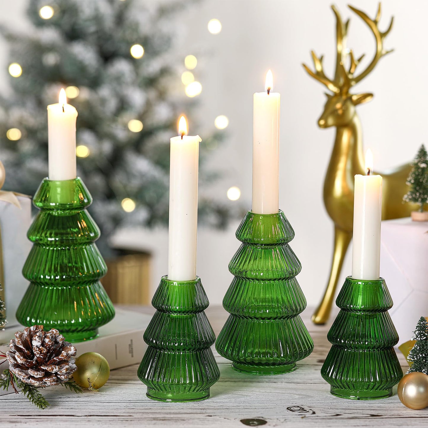 Leinuosen 4 Pcs Christmas Tree Candle Holder Green Glass Candlestick Holder for Taper Candle Stand Modern Green Candlestick for Christmas Holiday Table Centerpiece Mantel Home Room Party Decor Gift