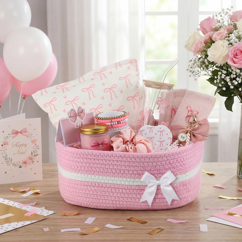 Willinglong 10 Pcs Gift Basket for Teen Girl Coquette Pink Bow Basket Stuffers for Women Coquette Bow Birthday Gift Box for Sister Daughter Friends
