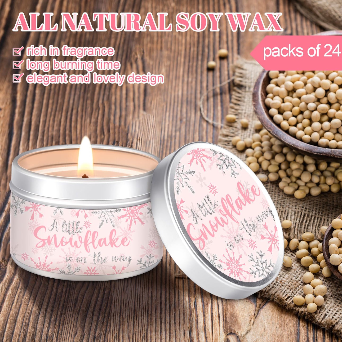 MTLEE 24 Pcs Snowflakes Baby Shower Party Favors Candles Lavender Scented Baby Shower Favors for Guests Rustic Tealights Candles Gender Reveal Return Gifts (1.2 oz, Pink)